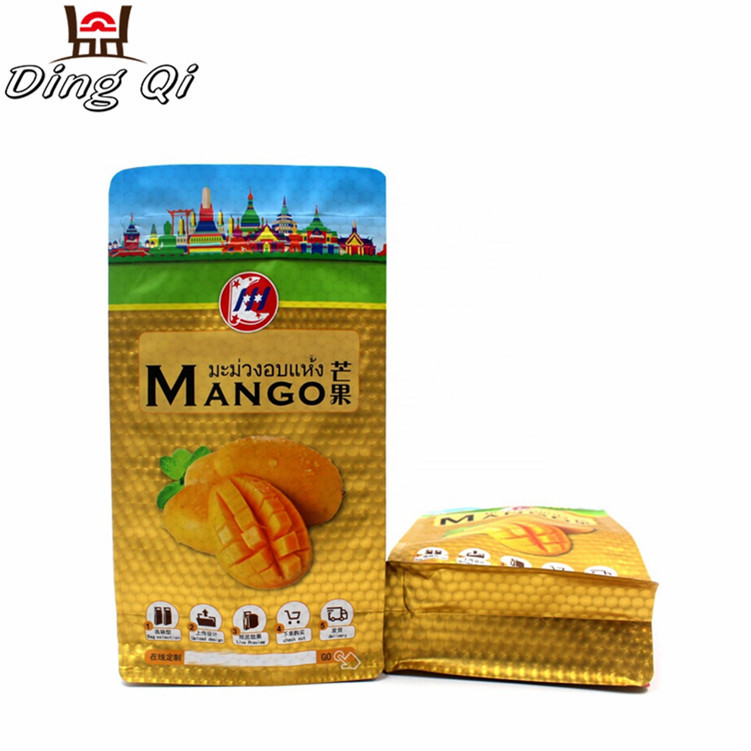 Custom printing reusable foil flat bottom dried mango packaging bag